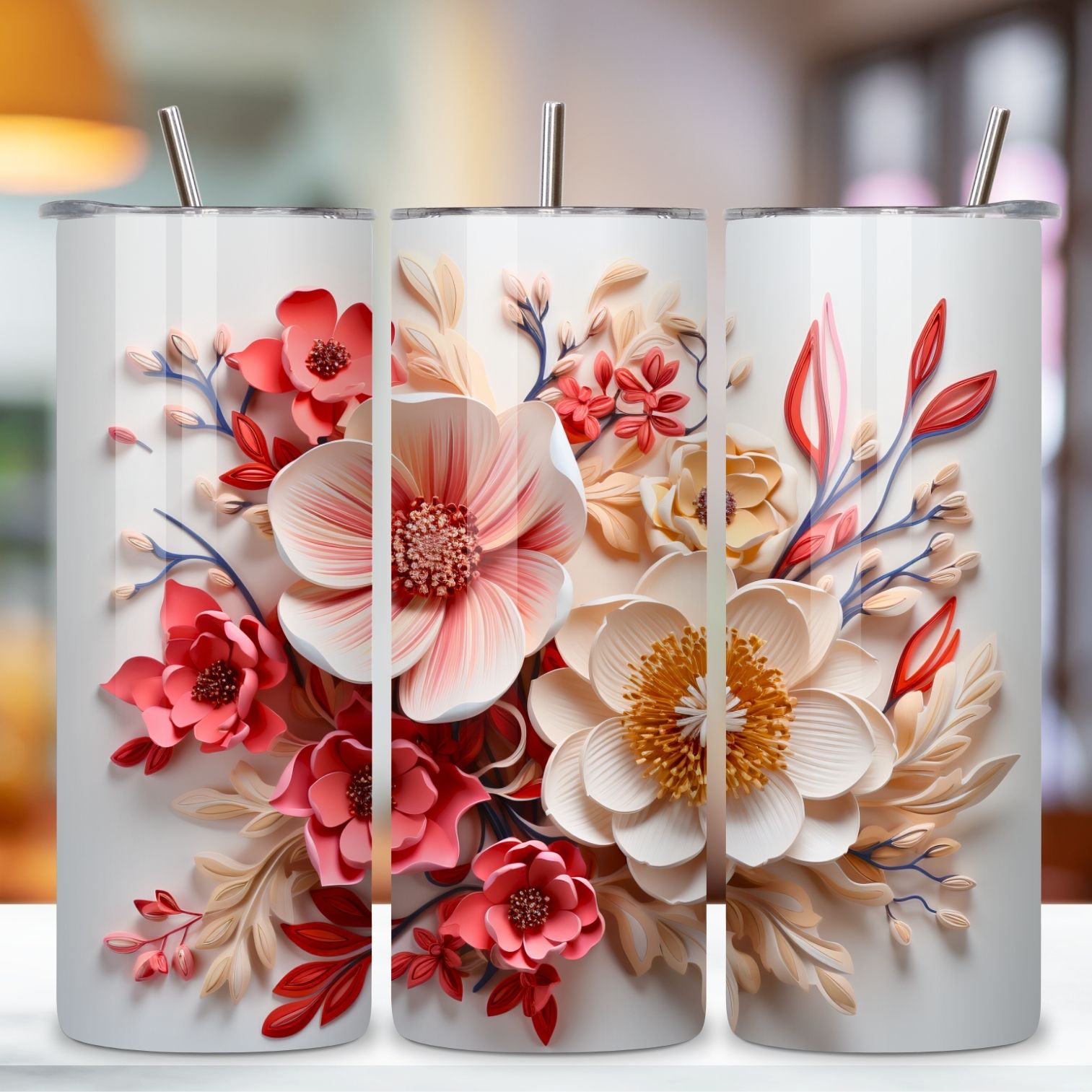 3D Floral Tumbler Wrap, Floral Tumbler Wrap, 3D Flowers 20oz Tumbler Sublimation Designs, Tumbler Wraps preview image.