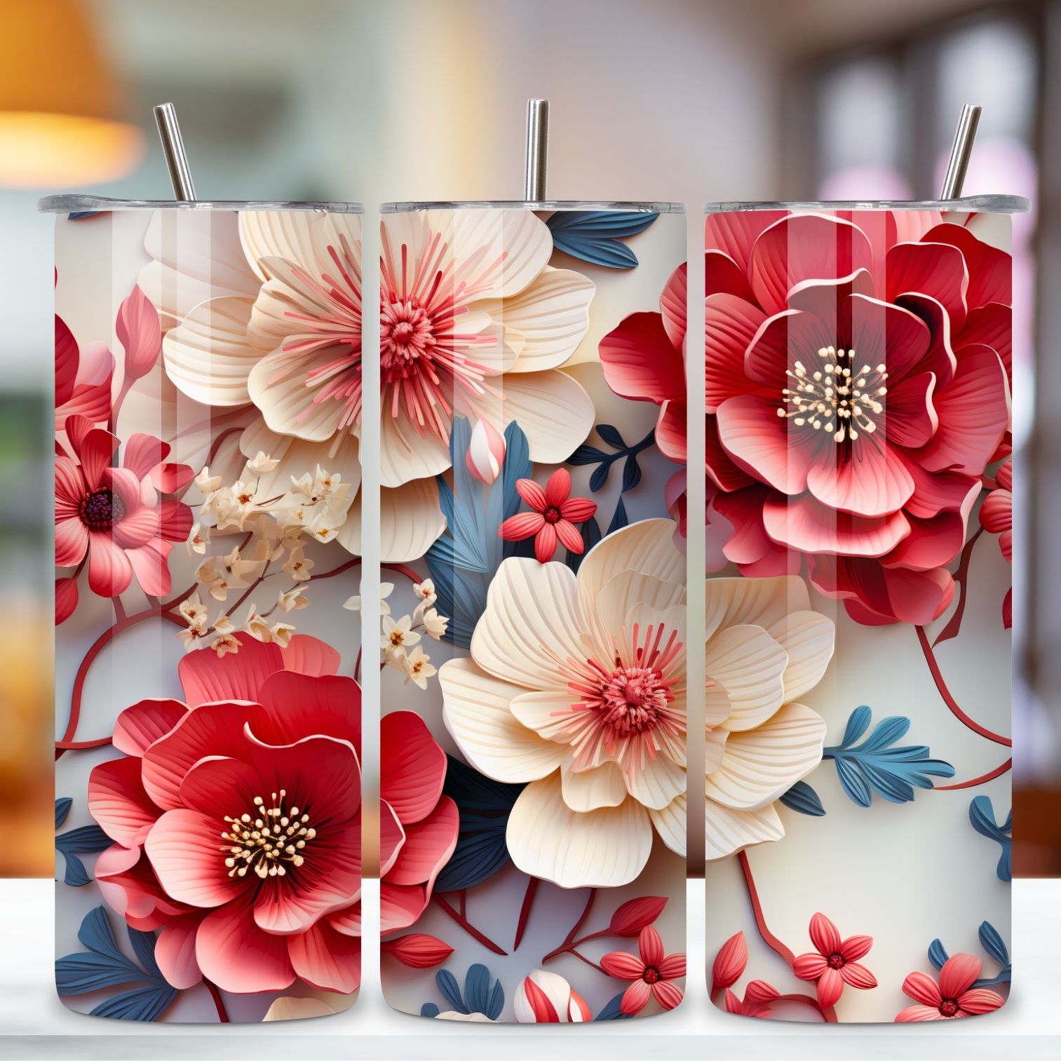3D Floral Tumbler Wrap, Floral Tumbler Wrap, 3D Flowers 20oz Tumbler Sublimation Designs, Tumbler Wraps preview image.