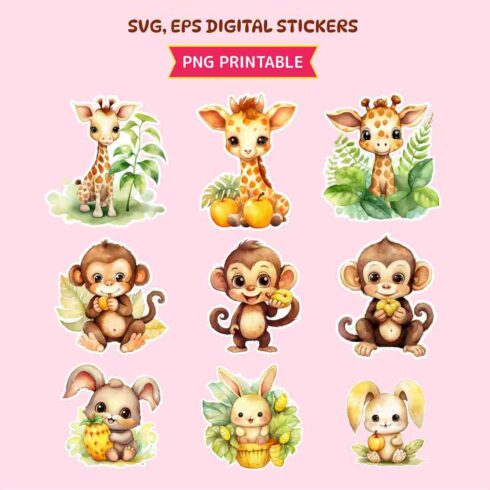 Set of hand drawn watercolor illustration kawaii baby animals stickers cover image.