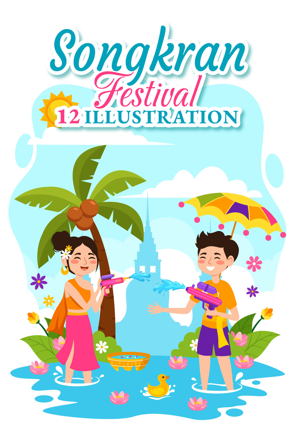 12 Songkran Festival Day Illustration pinterest preview image.