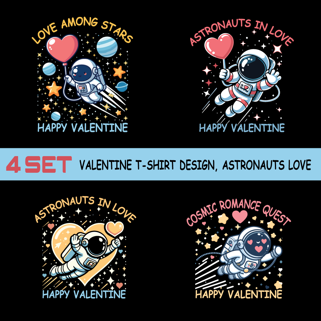 Typography T-Shirt Design, Astronauts in Love, Featuring Valentine Day preview image.