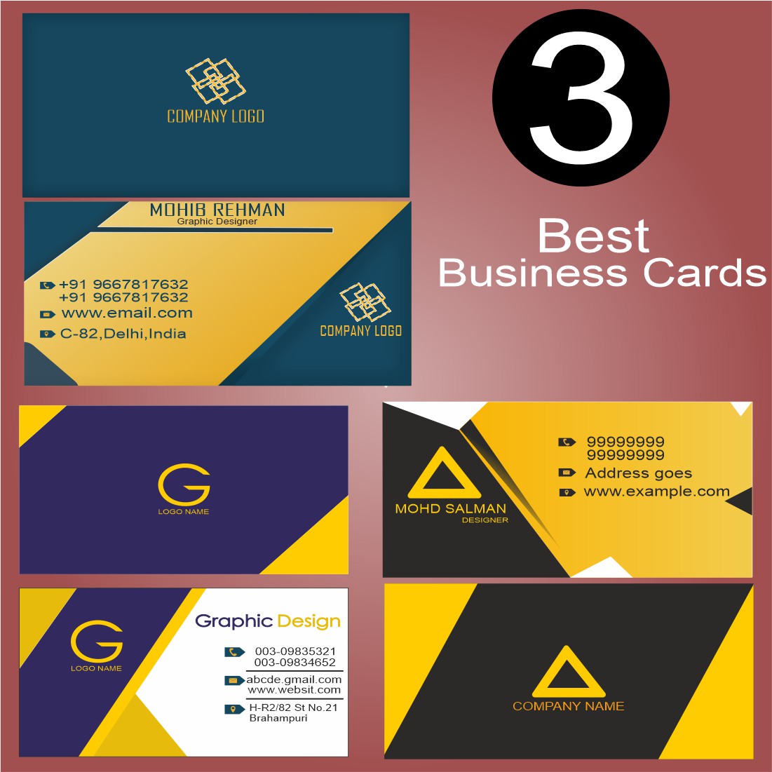 3 Best Business Cards Designs with High-Resolution preview image.
