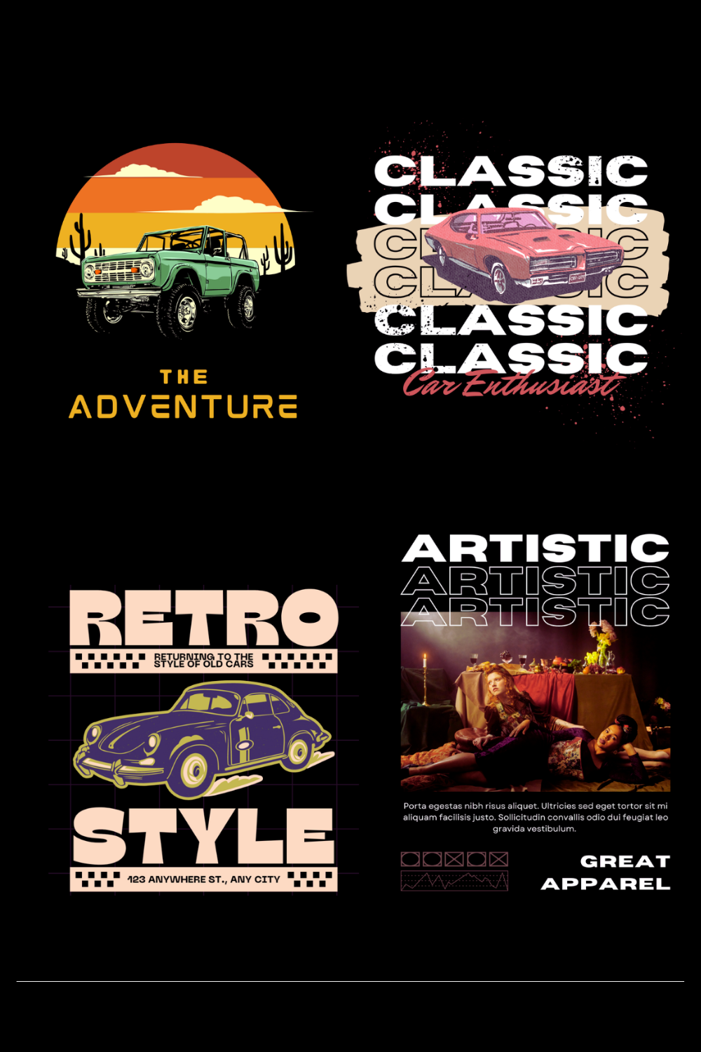 Black Vibe T-Shirts with Vintage Cars Typography pinterest preview image.