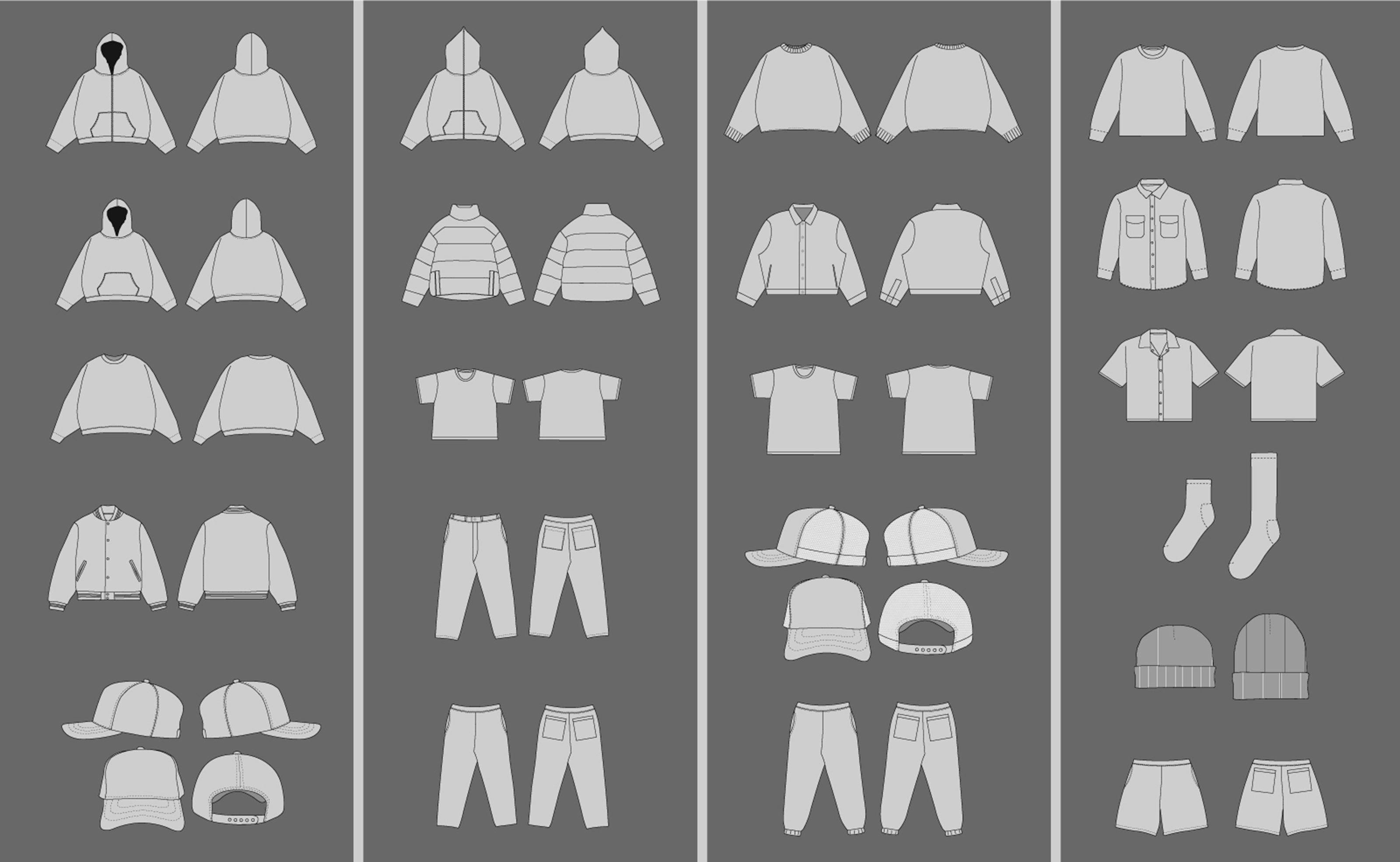 vector apparel mockup set collection. mens t shirt trucker hoodie joggers jacket short sweater pant design template. sock shorts hat tee 1 530