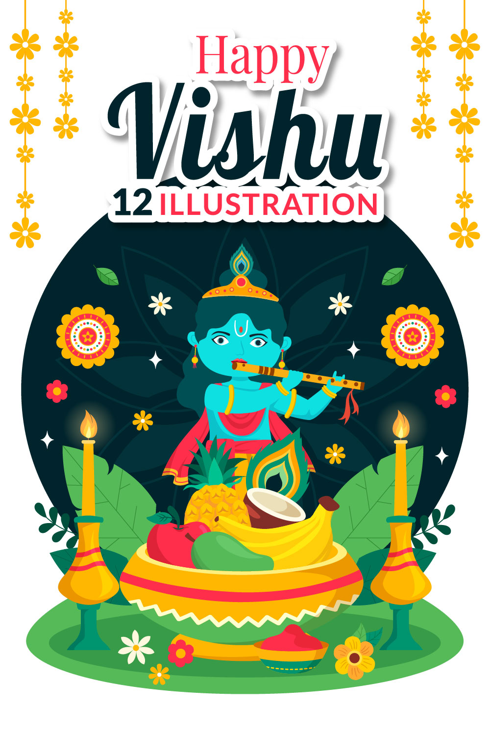 12 Happy Vishu Illustration pinterest preview image.