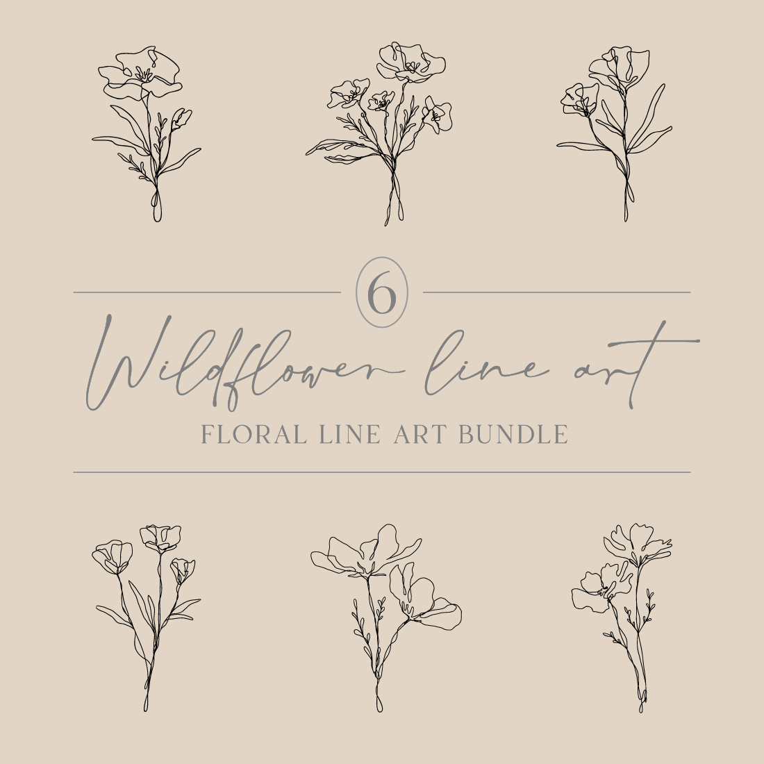 Floral Line Art Bundle Of 6 | Continuous Line Wildflower Designs cover image.