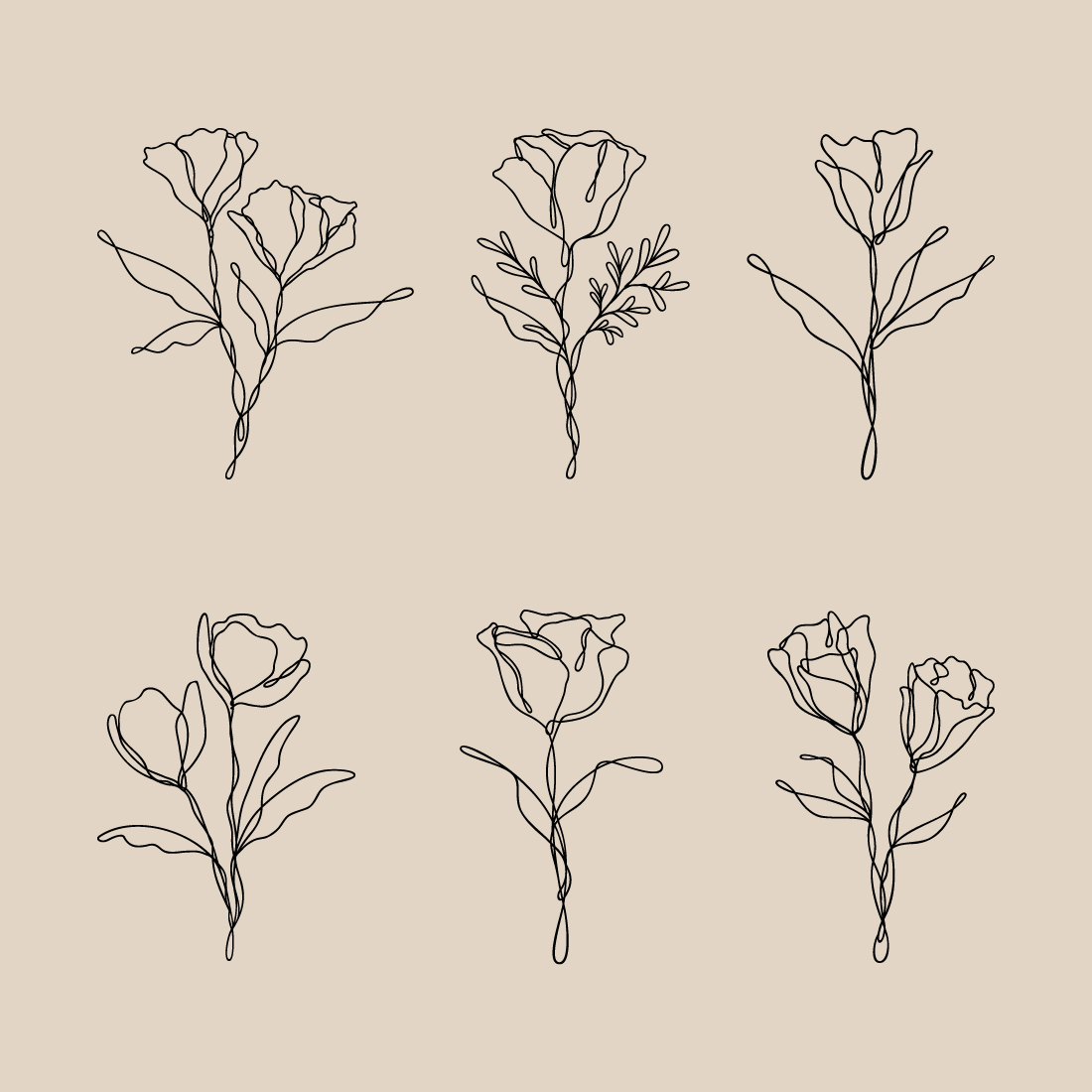 Floral Line Art Bundle Of 6 | Continuous Line Wildflower Design Set preview image.