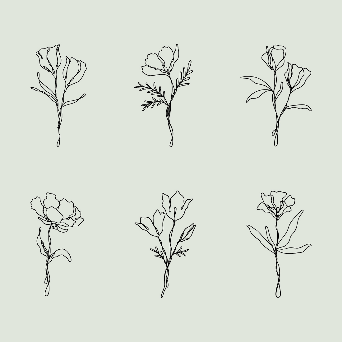 6 Floral Line Art Bundle | Continuous Line Wildflower Design Set preview image.