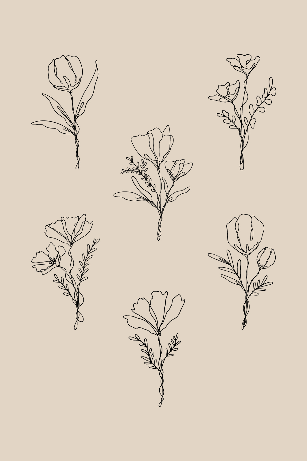 6 Floral Line Art Bundle | Continuous Line Wildflower Design Set pinterest preview image.