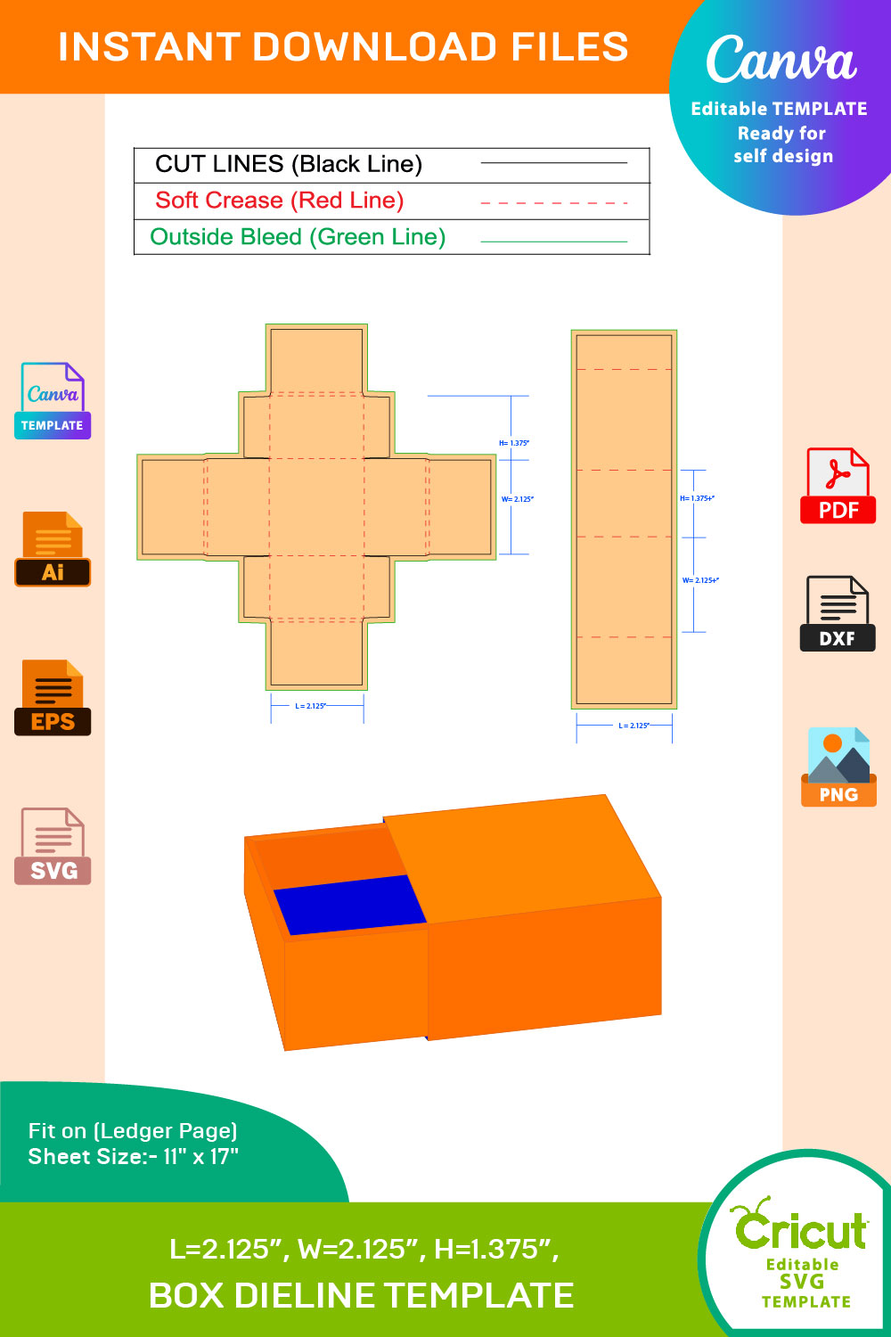 Wood Match Box, Dieline Template, SVG, EPS, PDF, DXF, Ai, PNG, JPEG pinterest preview image.