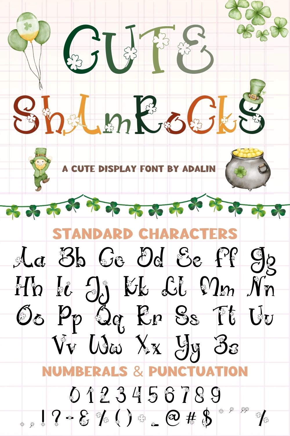 Cute Shamrocks - Display font pinterest preview image.