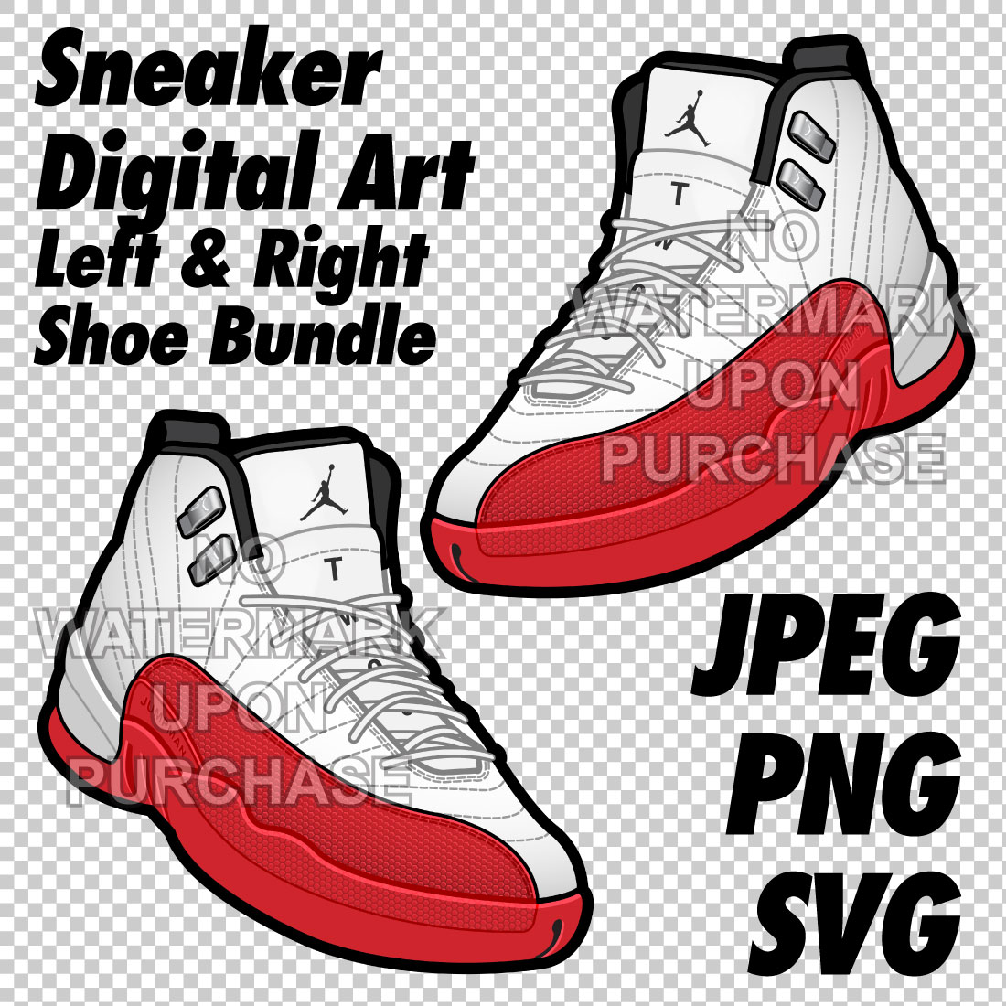 Air Jordan 12 Cherry JPEG PNG SVG Sneaker Art Right & Left shoe bundle with lace swap Digital Download cover image.