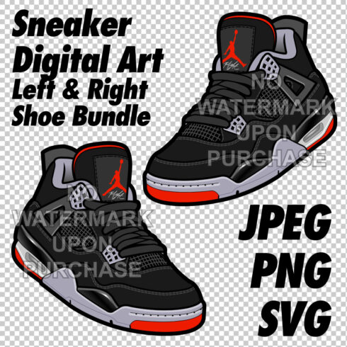 Air Jordan 4 Bred JPEG PNG SVG Sneaker Art Right & Left shoe bundle with lace swap Digital Download cover image.
