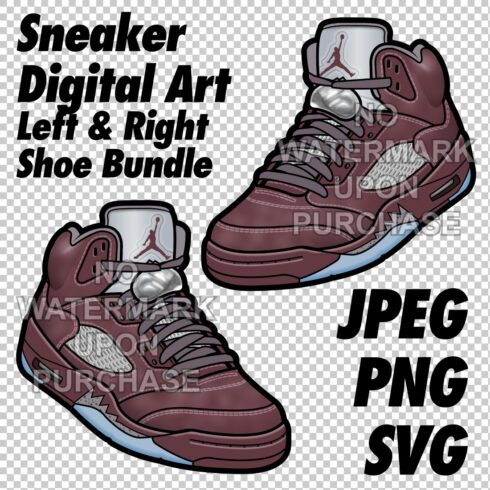 Air Jordan 5 Burgundy JPEG PNG SVG Sneaker Art right & left shoe bundle cover image.