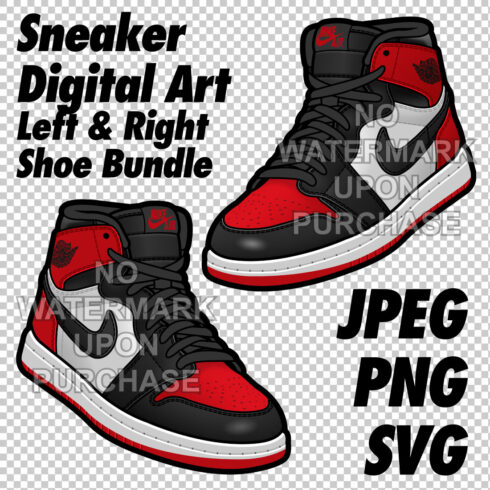 Air Jordan 1 Red Toe JPEG PNG SVG Sneaker Art Right & Left shoe bundle with lace swap Digital Download cover image.