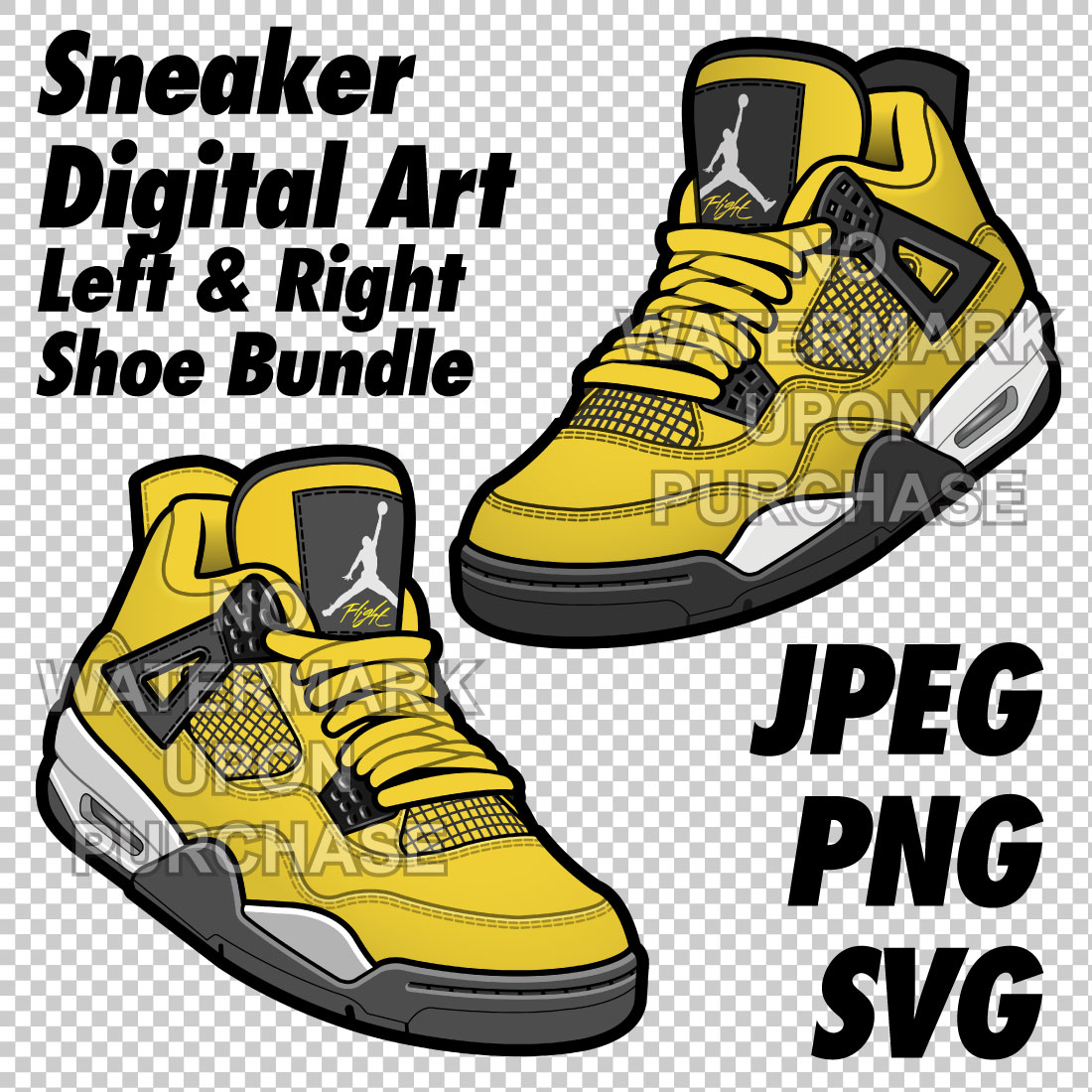 Air Jordan 4 Lightning JPEG PNG SVG Sneaker Art Right & Left shoe bundle with lace swap Digital Download cover image.