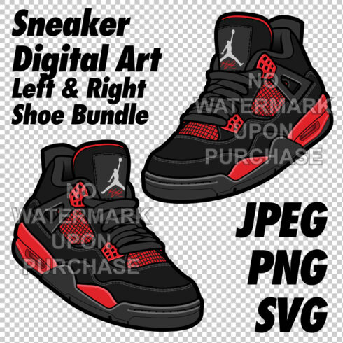 Air Jordan 4 Red Thunder JPEG PNG SVG Sneaker Art Right & Left shoe bundle with lace swap Digital Download cover image.