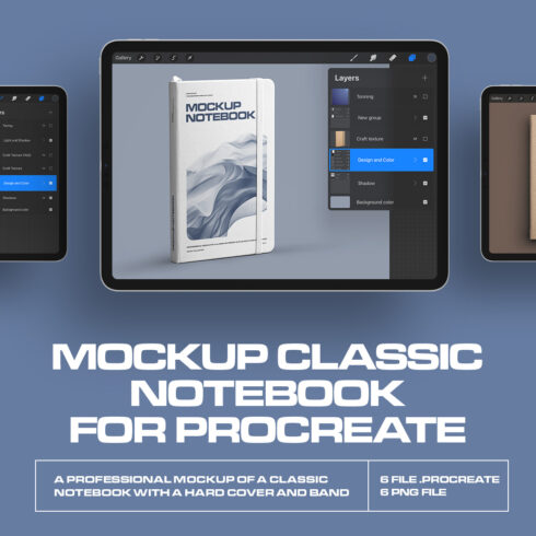 6 Mockups of Classic Notebook with Band and Hard Cover for Procreate cover image.