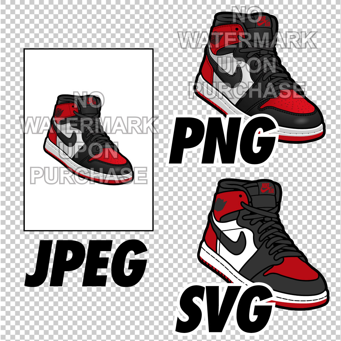 Air Jordan 1 Red Toe JPEG PNG SVG Sneaker Art Right & Left shoe bundle with lace swap Digital Download preview image.
