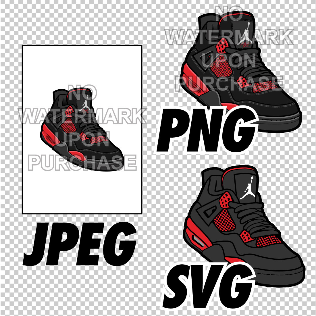 Air Jordan 4 Red Thunder JPEG PNG SVG Sneaker Art Right & Left shoe bundle with lace swap Digital Download preview image.