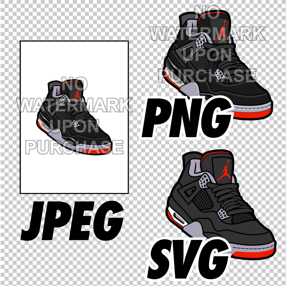Air Jordan 4 Bred JPEG PNG SVG Sneaker Art Right & Left shoe bundle with lace swap Digital Download preview image.