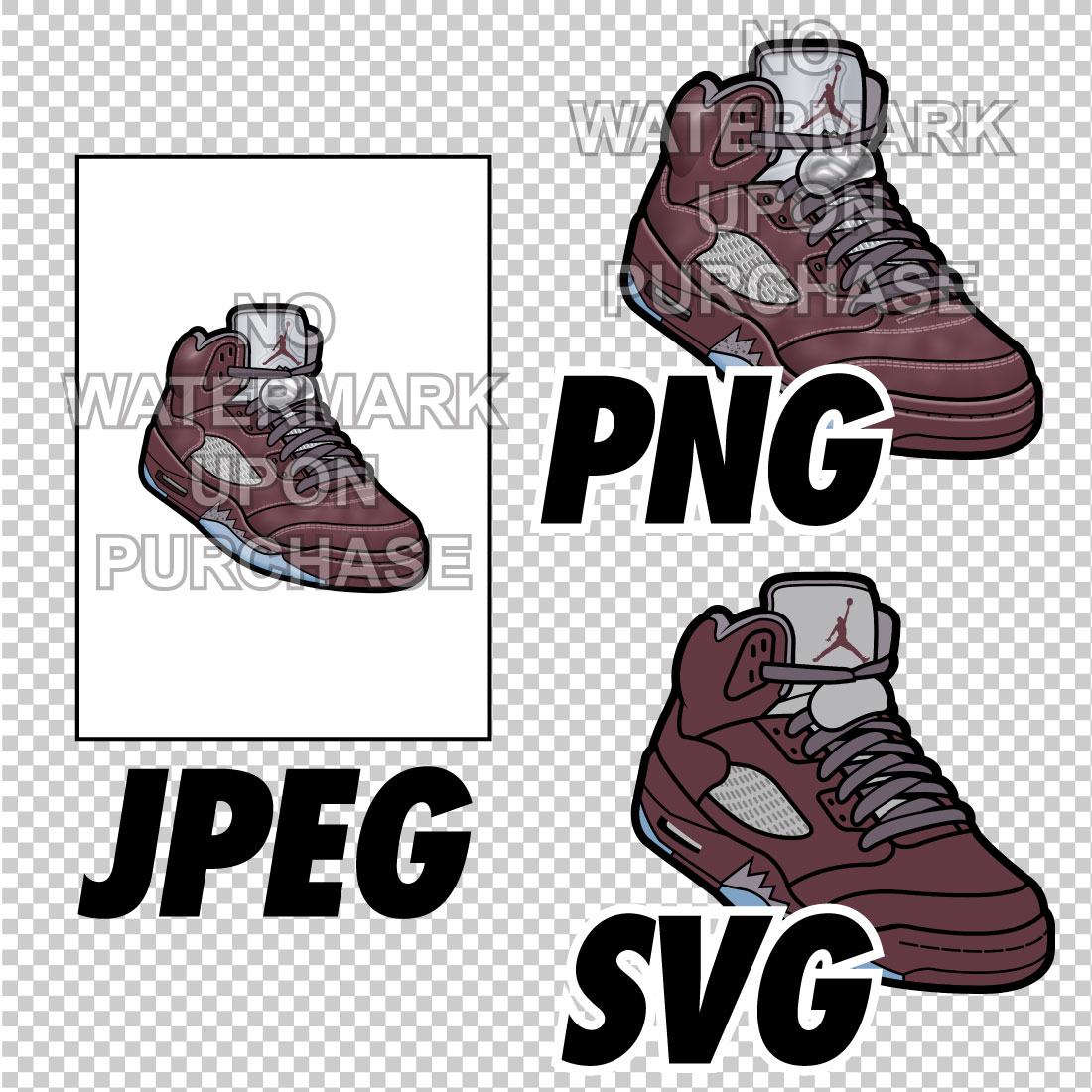 Air Jordan 5 Burgundy JPEG PNG SVG Sneaker Art right & left shoe bundle preview image.
