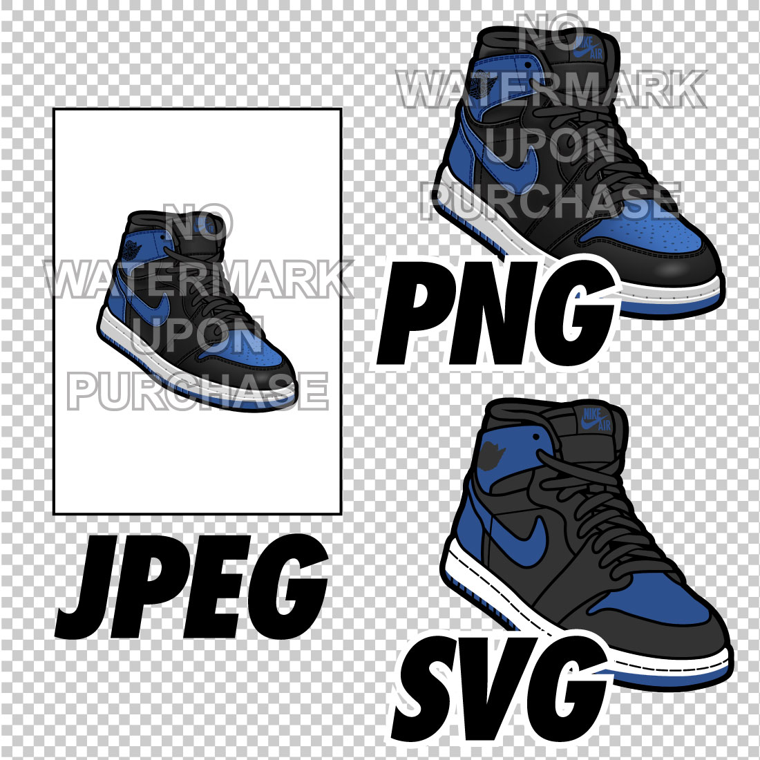 Air Jordan 1 Black Royal JPEG PNG SVG Sneaker Art right & left shoe bundle preview image.