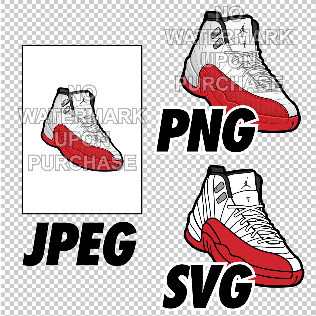 Air Jordan 12 Cherry JPEG PNG SVG Sneaker Art Right & Left shoe bundle with lace swap Digital Download preview image.