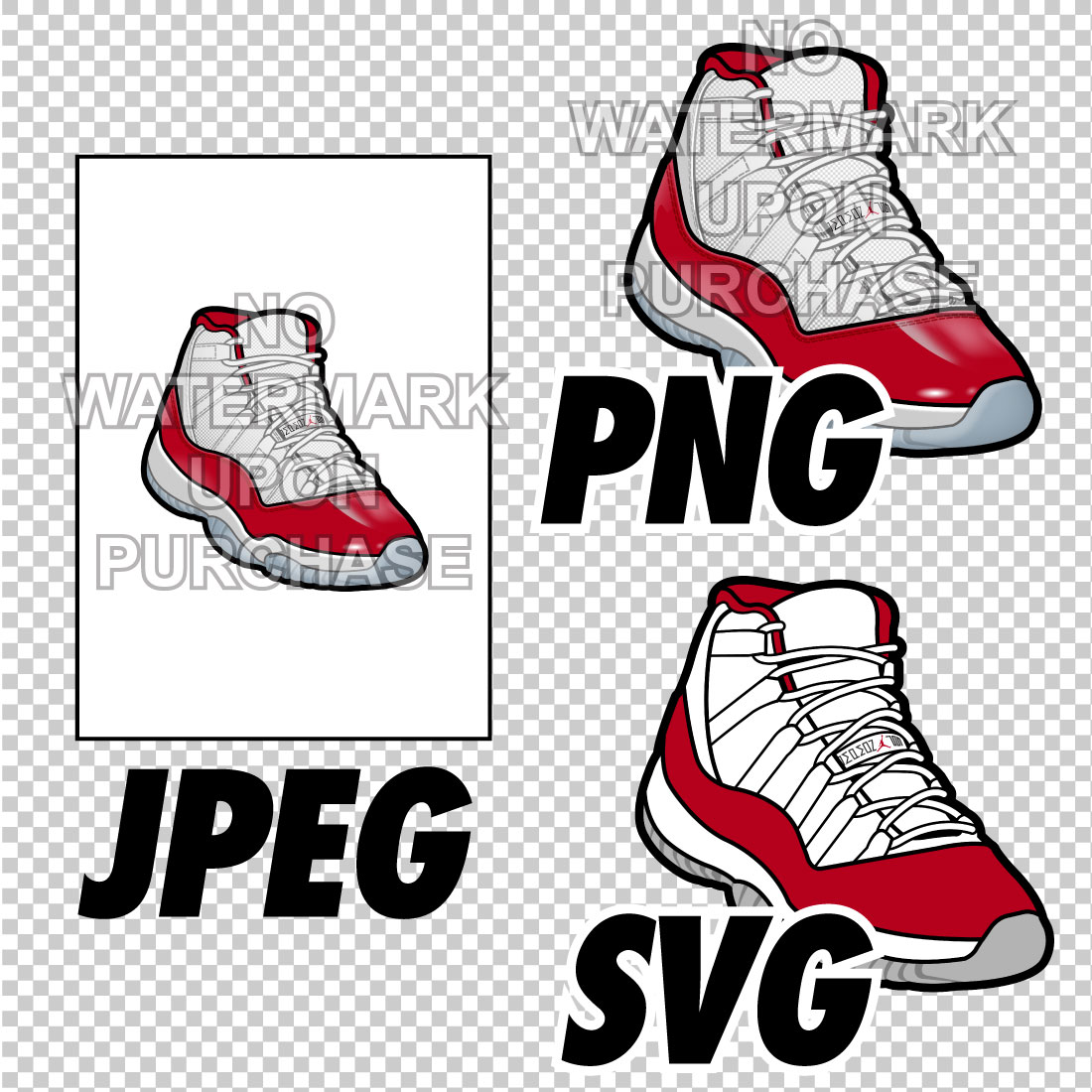 Air Jordan 11 Cherry JPEG PNG SVG Sneaker Art right & left shoe bundle preview image.