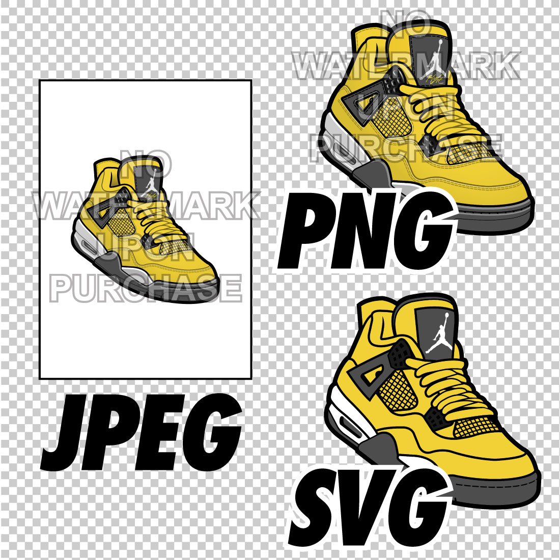 Air Jordan 4 Lightning JPEG PNG SVG Sneaker Art Right & Left shoe bundle with lace swap Digital Download preview image.
