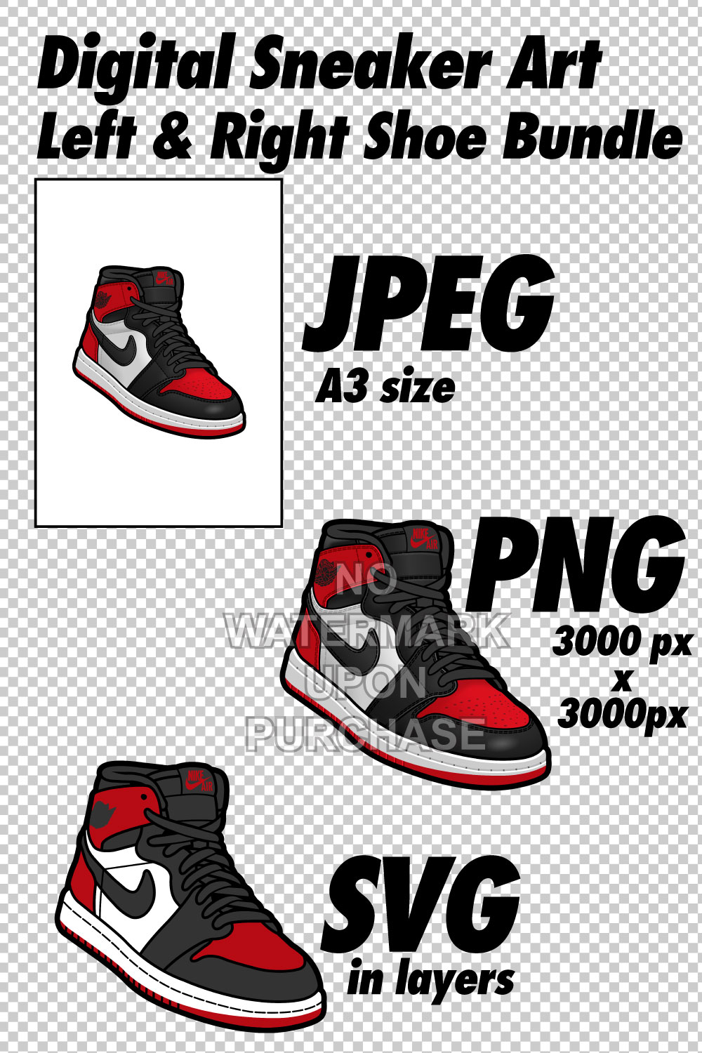 Air Jordan 1 Red Toe JPEG PNG SVG Sneaker Art Right & Left shoe bundle with lace swap Digital Download pinterest preview image.