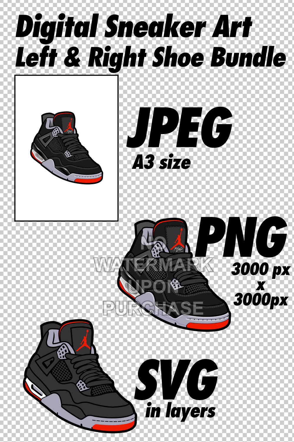 Air Jordan 4 Bred JPEG PNG SVG Sneaker Art Right & Left shoe bundle with lace swap Digital Download pinterest preview image.