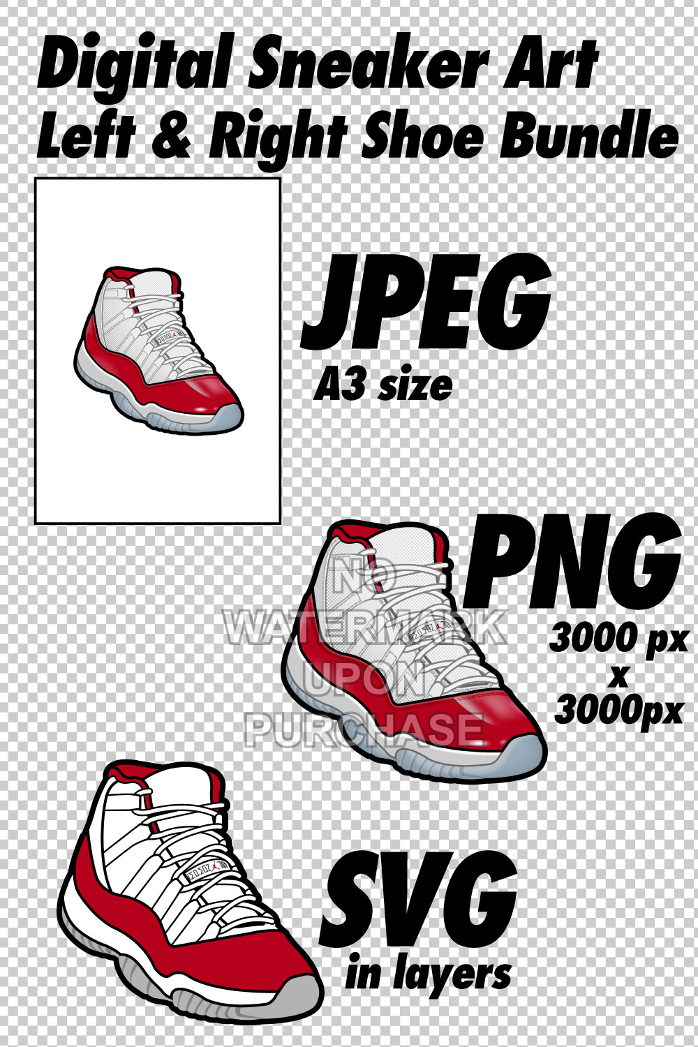 Air Jordan 11 Cherry JPEG PNG SVG Sneaker Art right & left shoe bundle pinterest preview image.