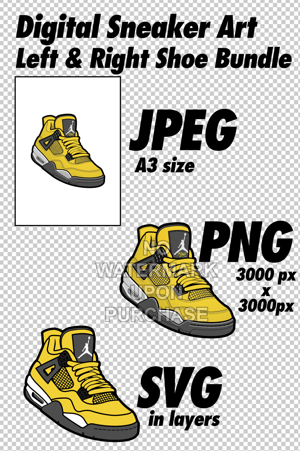 Air Jordan 4 Lightning JPEG PNG SVG Sneaker Art Right & Left shoe bundle with lace swap Digital Download pinterest preview image.
