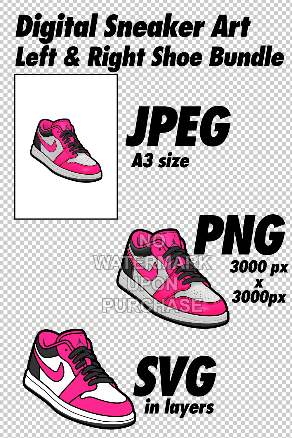 Air Jordan 1 Low Fierce Pink JPEG PNG SVG Sneaker Art right & left shoe bundle pinterest preview image.