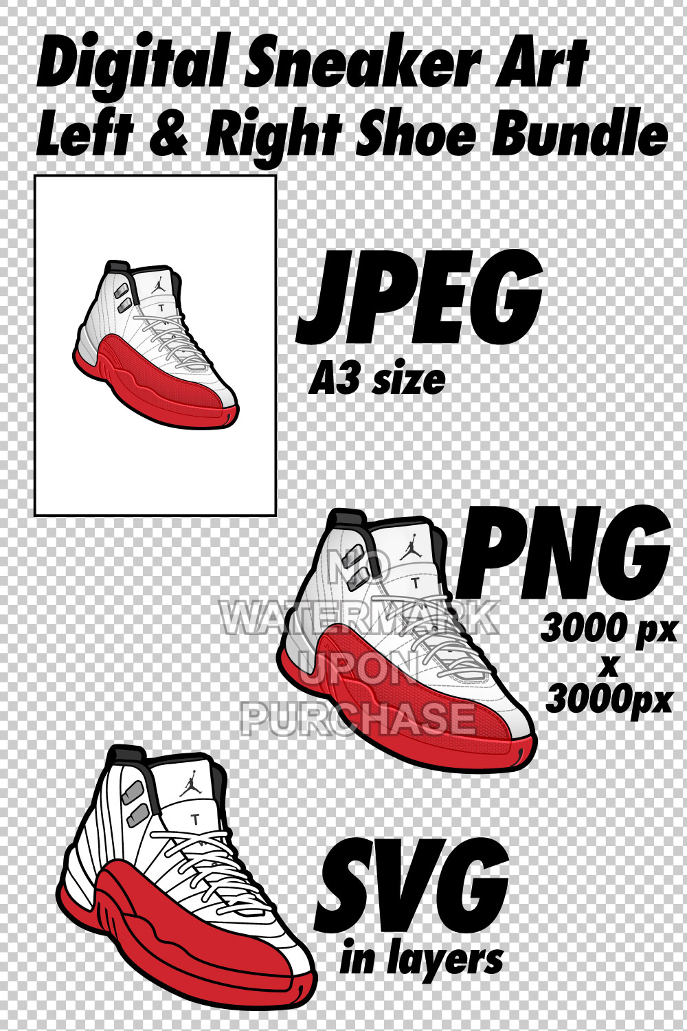 Air Jordan 12 Cherry JPEG PNG SVG Sneaker Art Right & Left shoe bundle with lace swap Digital Download pinterest preview image.