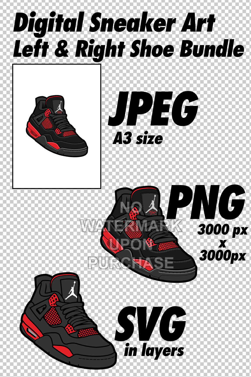 Air Jordan 4 Red Thunder JPEG PNG SVG Sneaker Art Right & Left shoe bundle with lace swap Digital Download pinterest preview image.