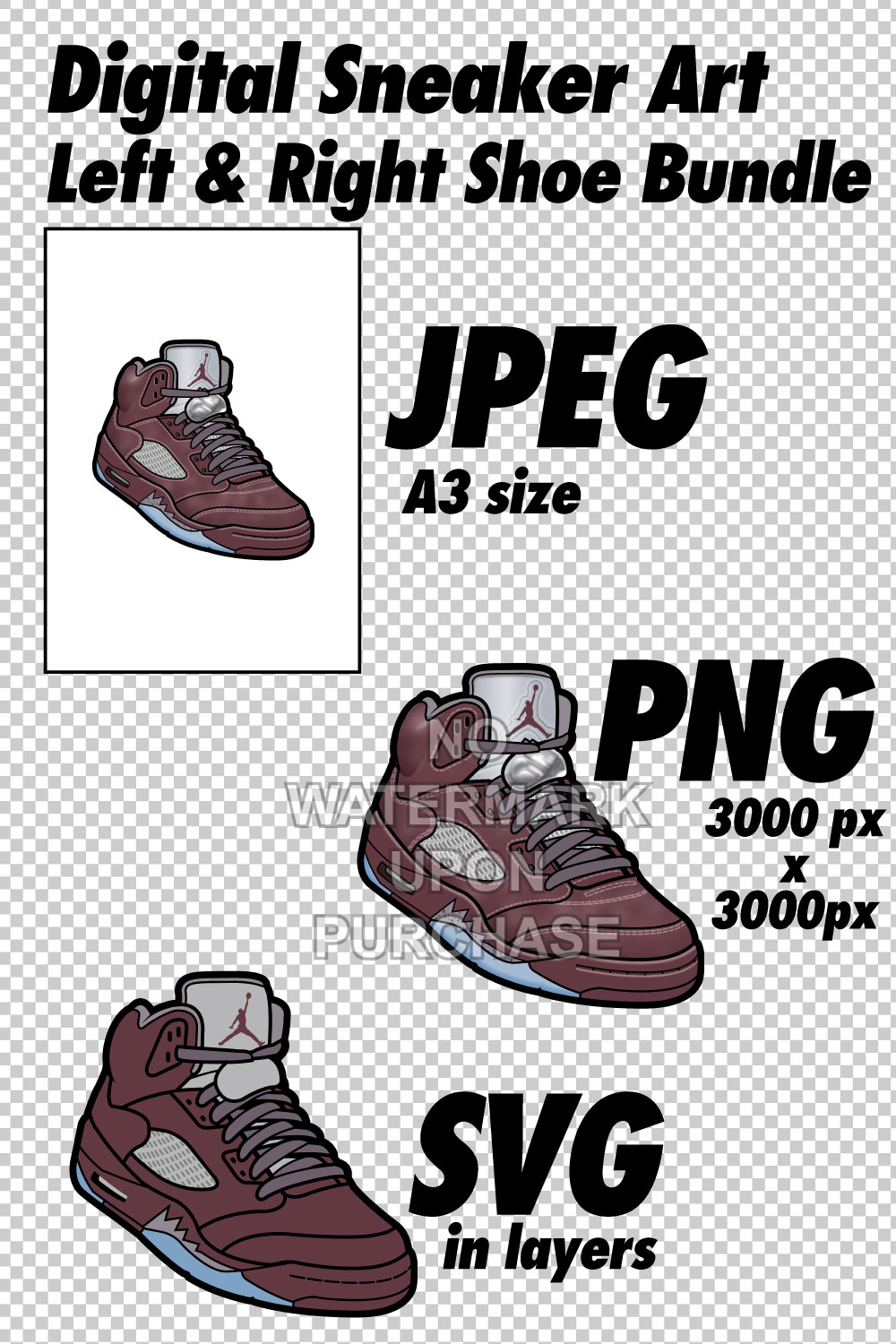 Air Jordan 5 Burgundy JPEG PNG SVG Sneaker Art right & left shoe bundle pinterest preview image.