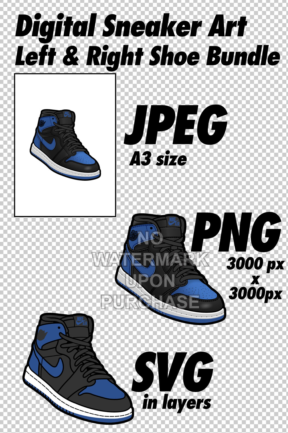 Air Jordan 1 Black Royal JPEG PNG SVG Sneaker Art right & left shoe bundle pinterest preview image.