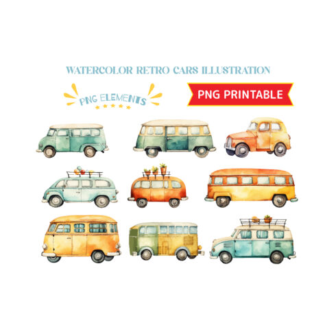 Watercolor vintage hand drawn retro cars illustration cover image.