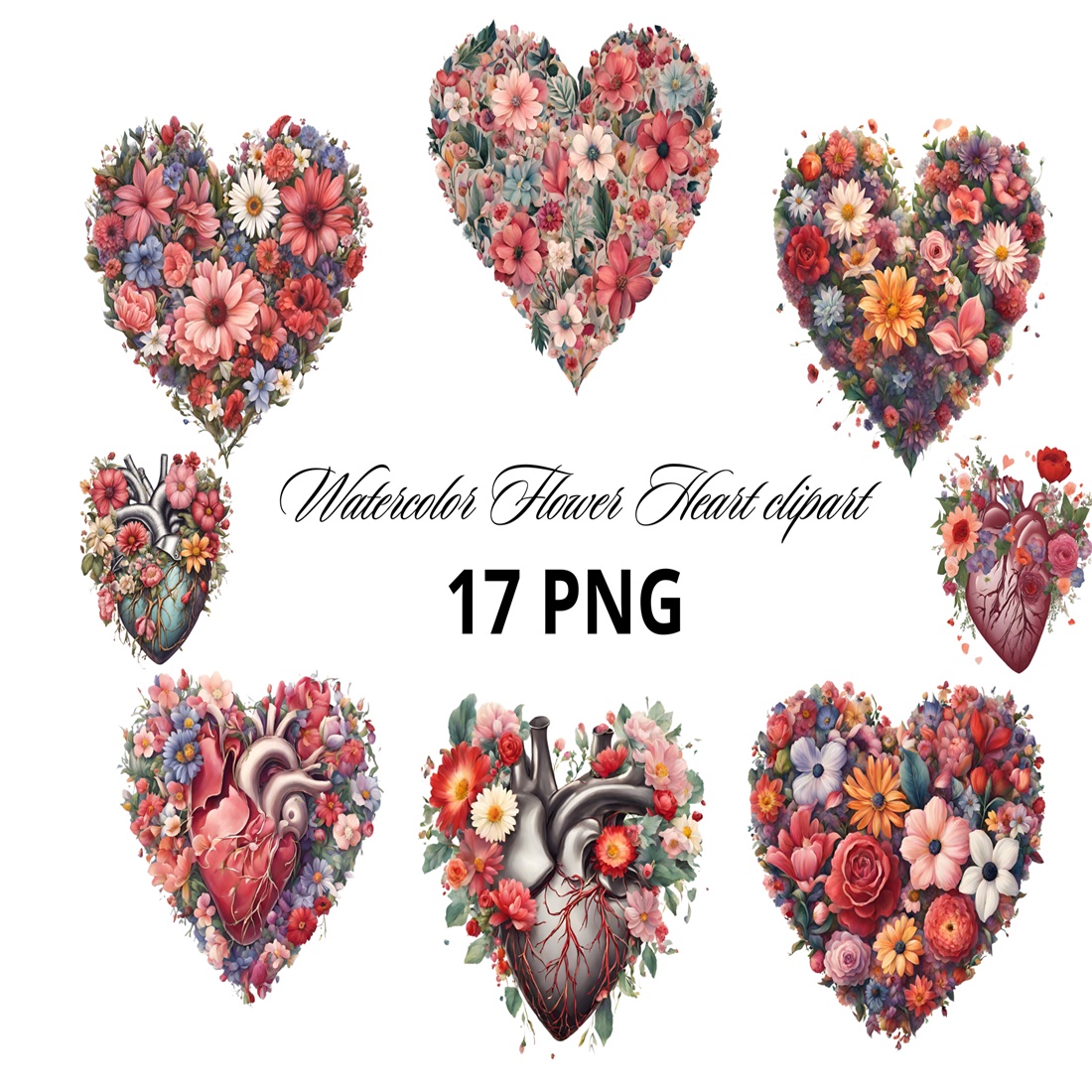 Watercolor Flower Heart clipart, Watercolor Valentine's heart, Valentine's Day PNG, Floral hearts png, Heart Flowers, 17 PNG, Commercial use cover image.