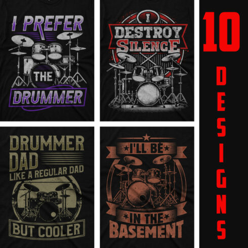 Drummer t shirt design bundle with 10 premium designs cover image.