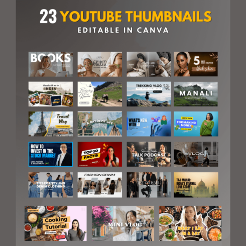 23 YouTube Thumbnails Templates | YouTube Thumbnail | DIY Branding Kit | Editable Canva Template cover image.