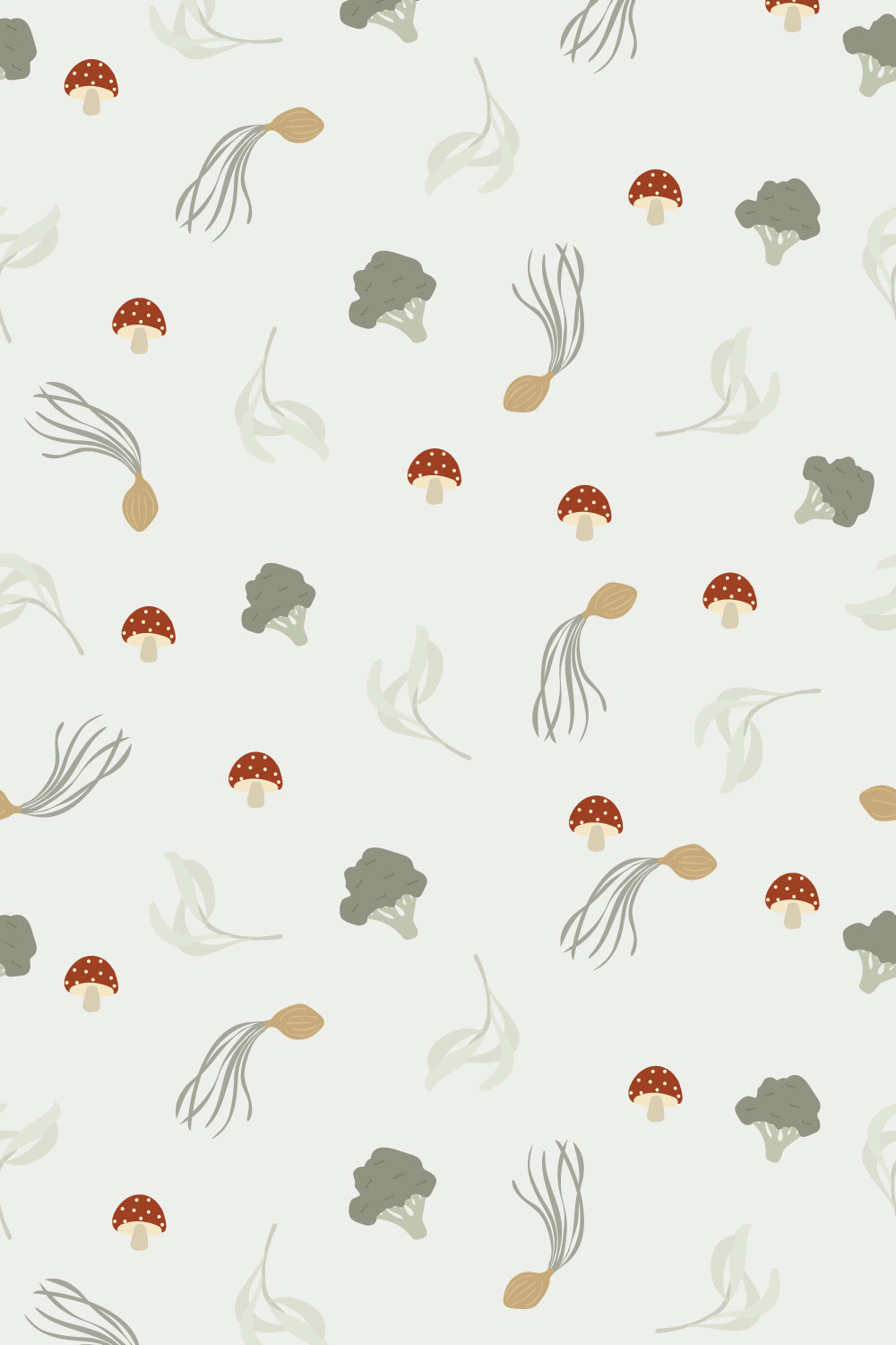 Mushroom and Broccoli Seamless Pattern pinterest preview image.