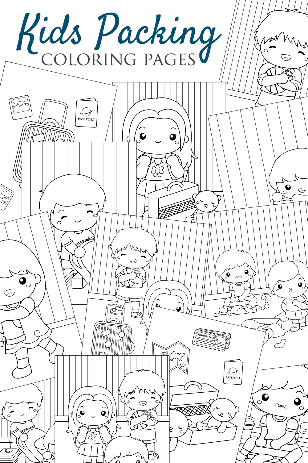 Kids Doing Packing for Holiday Vacation Trip Journey with Happy Day Cartoon Coloring Activity for Kids and Adult pinterest preview image.
