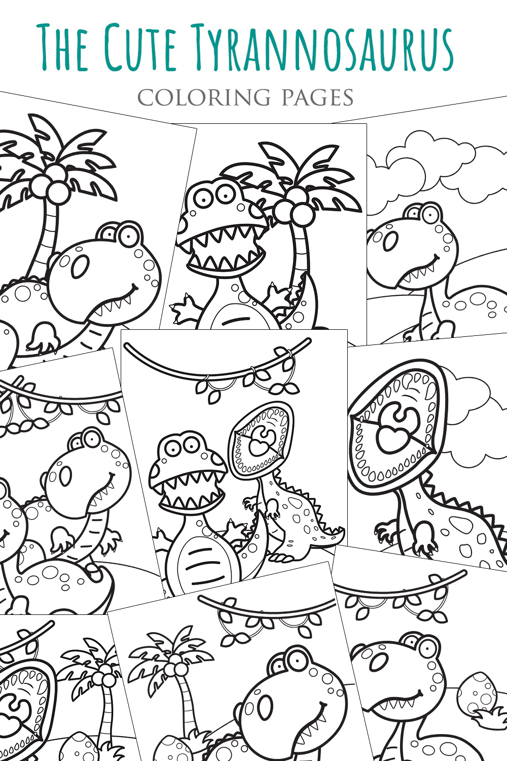 Cute and Funny Dinosaur Tryannosaurus Trex Animal Ancient Cartoon Coloring School or Holiday Activity for Kids and Adult pinterest preview image.