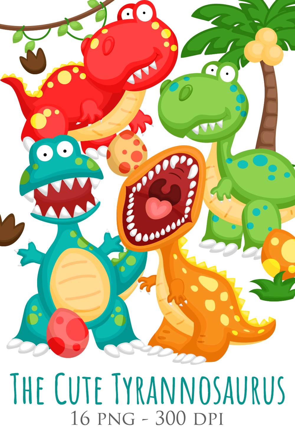 Colorful Cute and Funny Animal Dinosaur Tryannosaurus Trex Ancient Cartoon Illustration Vector Clipart Sticker Background Decoration pinterest preview image.
