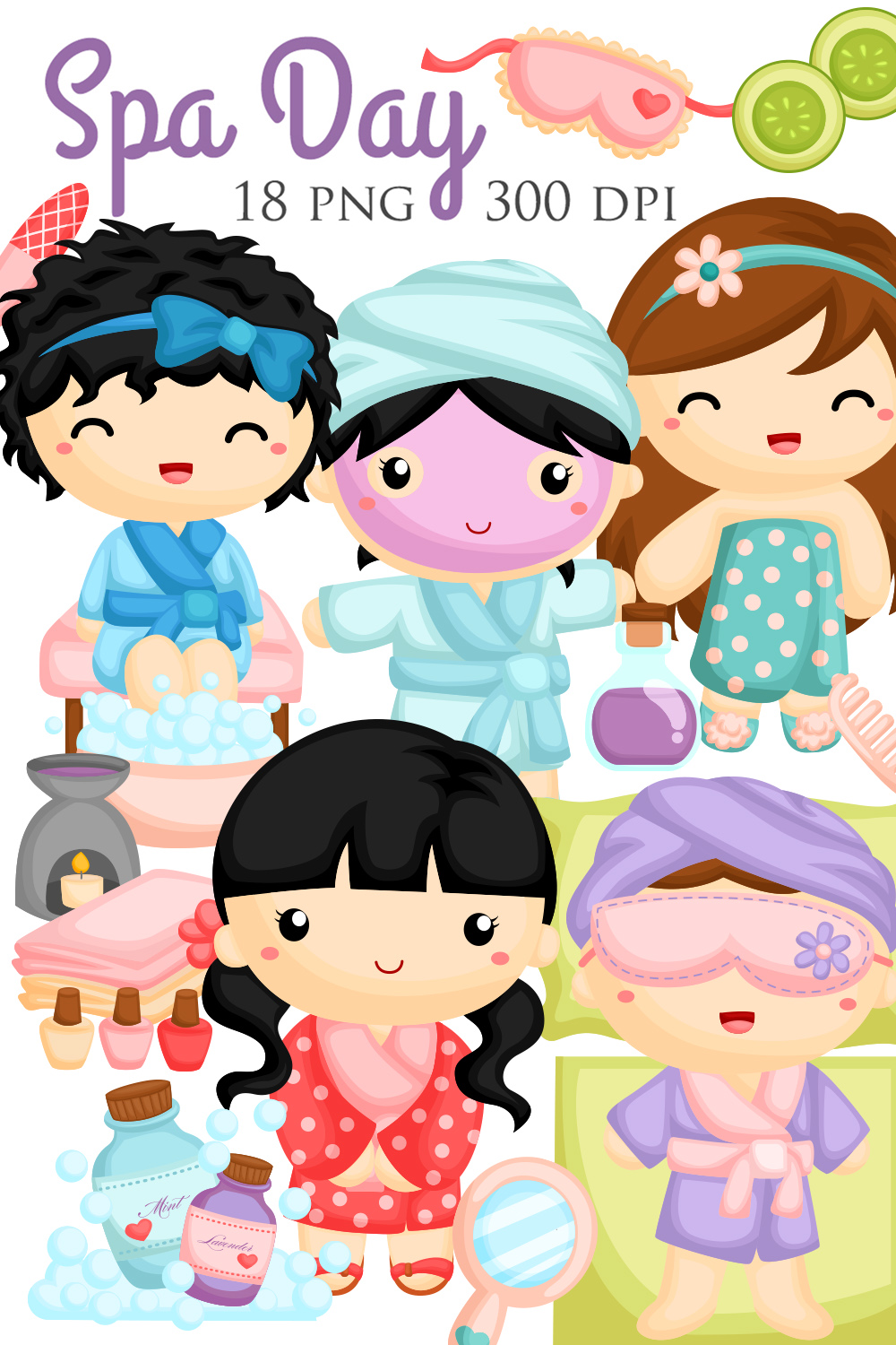 Happy Cute Beautiful Girl Kids Doing Spa Day Treatment Massage on Holiday Activity Cartoon Illustration Vector Clipart Sticker Background Decoration pinterest preview image.