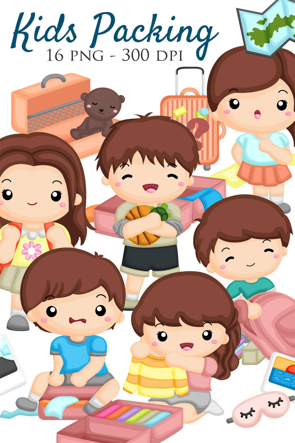 Happy Kids Prepare Packing for Holiday Vacation Trip Journey Cartoon Illustration Vector Sticker Clipart Cartoon Background Decoration pinterest preview image.