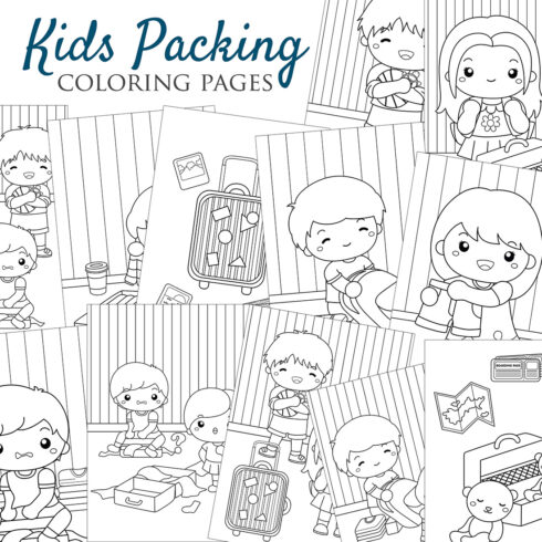 Kids Doing Packing for Holiday Vacation Trip Journey with Happy Day Cartoon Coloring Activity for Kids and Adult cover image.
